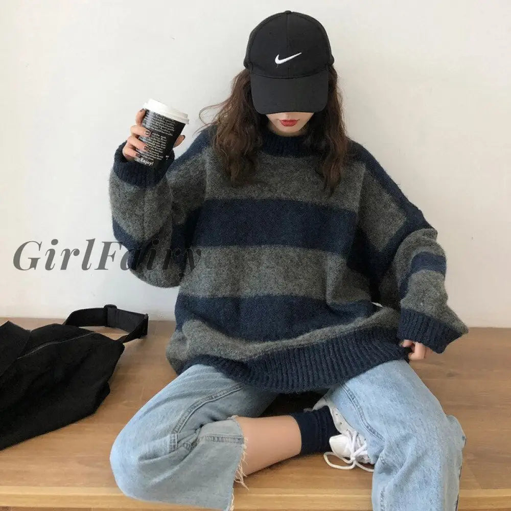 Girlfairy Women Sweater Oversized Knitted Striped Knit Pullover Loose Jumper Long Sleeve Autumn