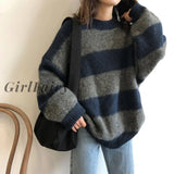 Girlfairy Women Sweater Oversized Knitted Striped Knit Pullover Loose Jumper Long Sleeve Autumn