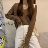 Girlfairy Women Sweater V-Neck Pullovers Solid Knitted Spring Autumn Vintage Korean Style Long