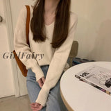 Girlfairy Women Sweater V-Neck Pullovers Solid Knitted Spring Autumn Vintage Korean Style Long