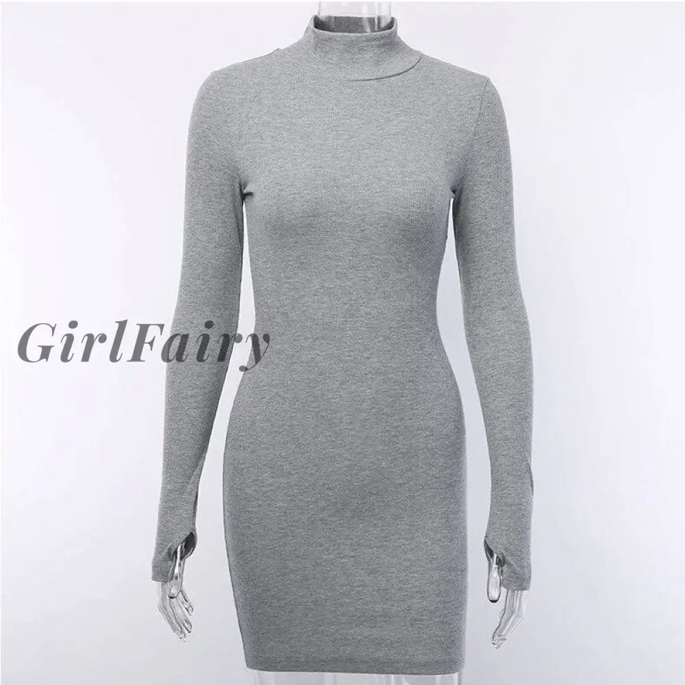 Girlfairy Women Turtleneck Slim Bodycon Mini Dress 2023 Autumn Casual Long Sleeve Yellow Basic
