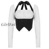 Girlfairy Women Two Fake Long Sleeve Tops Vintage Color Matching Fold Decoration Adjustable Halter