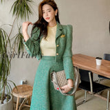 Girlfairy Women Two Piece Set Korean Chic French Temperament V-Neck Pearl Button Puff Sleeve Short