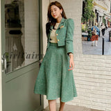 Girlfairy Women Two Piece Set Korean Chic French Temperament V-Neck Pearl Button Puff Sleeve Short