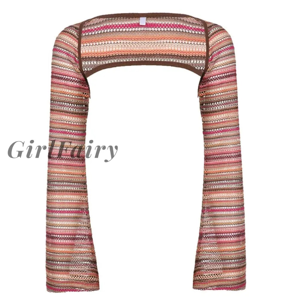Girlfairy Women Vintage Cover Up Shrugs Ultra-Short Sweater Coat Ethnic Colorful Stripes Hollow