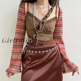 Girlfairy Women Vintage Cover Up Shrugs Ultra-Short Sweater Coat Ethnic Colorful Stripes Hollow
