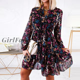 Girlfairy Women Vintage Ruffles Floral Print Shirt Dress Autumn Chiffon Long Sleeve Casual Spring A