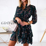Girlfairy Women Vintage Ruffles Floral Print Shirt Dress Autumn Chiffon Long Sleeve Casual Spring A