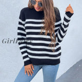 Girlfairy Women Warm Striped Knitted Sweater Basic Long Sleeve White Top Casual Loose Fashion