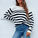 Girlfairy Women Warm Striped Knitted Sweater Basic Long Sleeve White Top Casual Loose Fashion