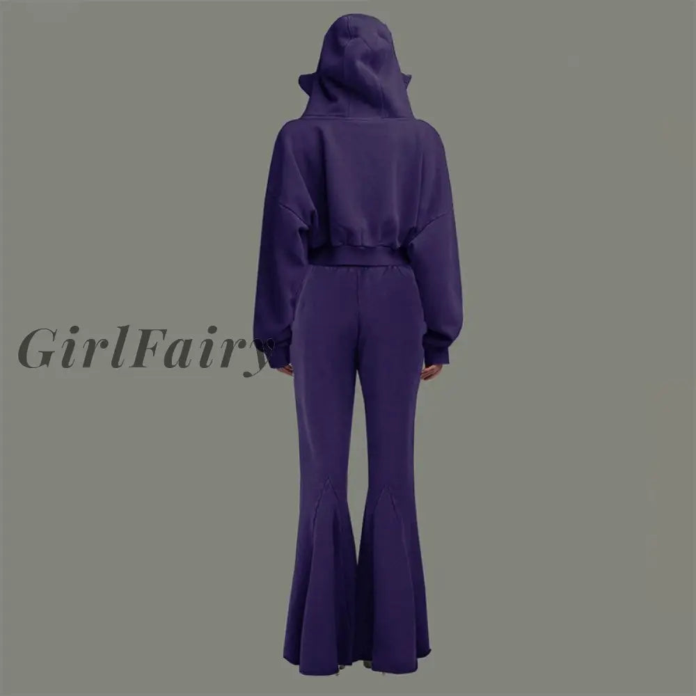 Girlfairy Womens Autumn And Winter Solid Color Casual Big Flared Elastic Trousers + Hooded