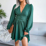 Girlfairy Womens Autumn Winter V Neck Solid Dress Long Petal Sleeve Green Blue Lady Office Casual