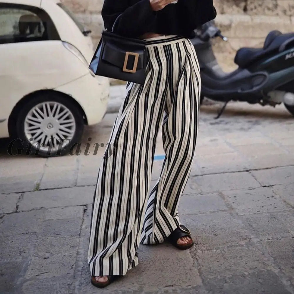 Girlfairy Womens Black And White Striped Wide Leg Pants 2023 New Casual Slim High Waisted Loose