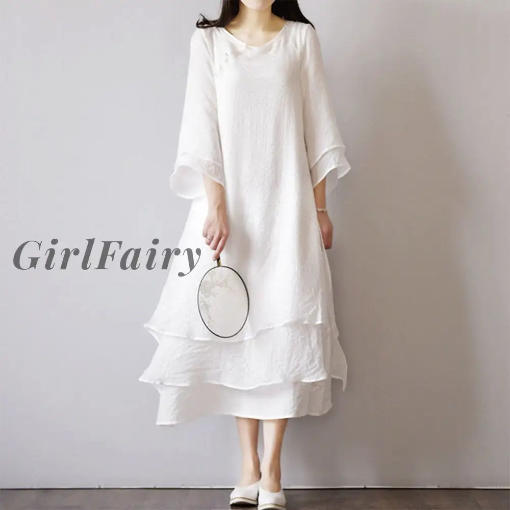 Girlfairy Womens Dress Fairy Flowing Long Skirt Chinese Style Zen Tea Female Art Retro Double