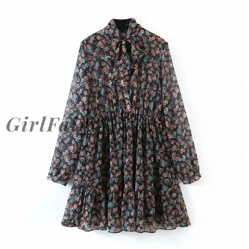 Girlfairy Womens Floral Dress Bow Tie Neck Vintage Pleated See Through Sleeve Print Mini Casual