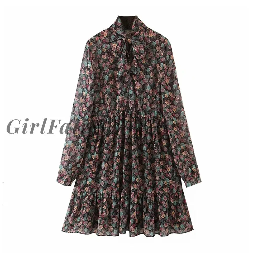 Girlfairy Womens Floral Dress Bow Tie Neck Vintage Pleated See Through Sleeve Print Mini Casual