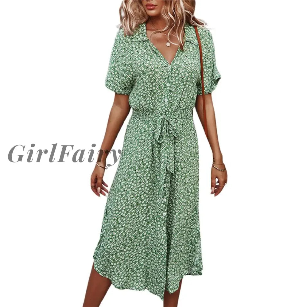 Girlfairy Womens Floral Print Midi Dress Button Short Sleeve Belted Loose Shirt A Line Dresses