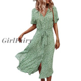 Girlfairy Womens Floral Print Midi Dress Button Short Sleeve Belted Loose Shirt A Line Dresses