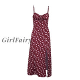Girlfairy Womens Floral Printed Spaghetti Straps Dress Sexy High Split Front Lace-Up Bra Sling Boho