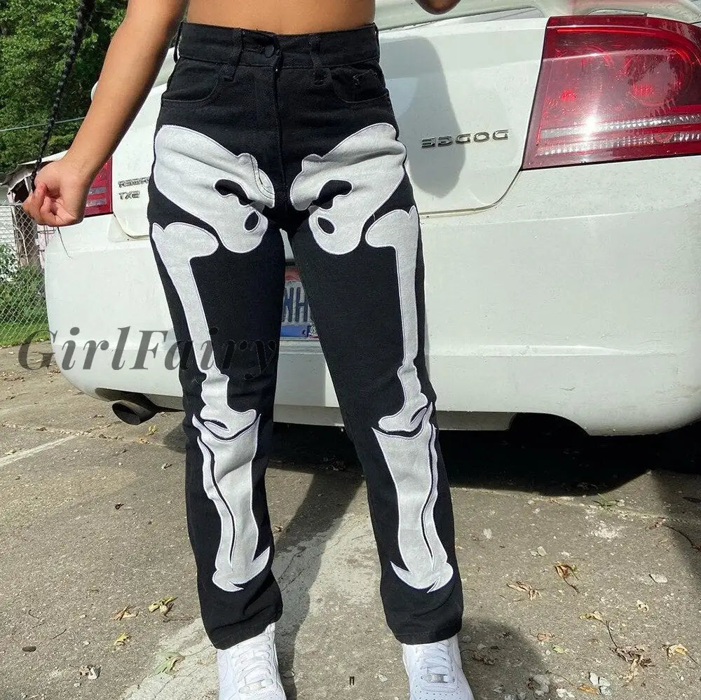 Girlfairy Womens Halloween Mid-Waist Jeans Black Skeleton Printed Pattern Straight Trousers