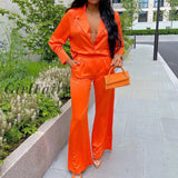 Girlfairy Womens Hot Style Loose Solid Color Long-Sleeved Casual Wide-Leg Pants Suit Women Orange /