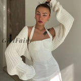 Girlfairy Womens Knitted Ultra Short Sweater Cardigan Solid Color Long Sleeve Loose Crop Top