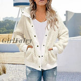 Girlfairy Womens Long Sleeve Faux Fur Coat 2023 New Winter Warm Jacket Outwear Plush Overcoat Button