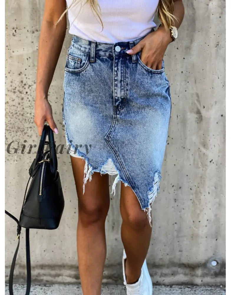Girlfairy Womens New High Waist Stretch Ripped Denim Skirts Solid Frayed Holes Bodycon Mini A-Line