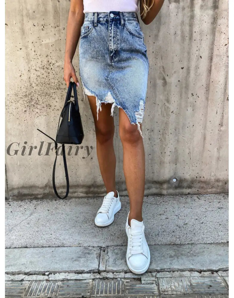 Girlfairy Womens New High Waist Stretch Ripped Denim Skirts Solid Frayed Holes Bodycon Mini A-Line