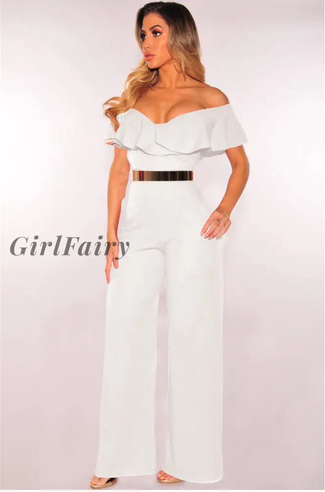Girlfairy Womens New Standard Size Hot Sale Sexy Ruffle Jumpsuit White / S Activewear