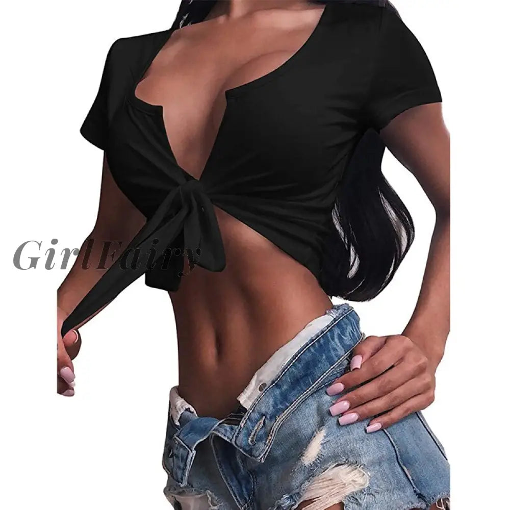Girlfairy Womens Sexy Tie Up Crop Top Short Sleeve Deep V Neck Casual Basic T Shirt