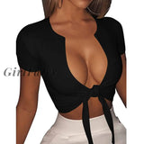 Girlfairy Womens Sexy Tie Up Crop Top Short Sleeve Deep V Neck Casual Basic T Shirt Black / S