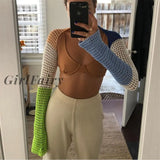 Girlfairy Women’s Spring Autumn Casual Long Sleeve Cardigan Fashion Contrast Color Short Style Knitted Hollow Crop Tops