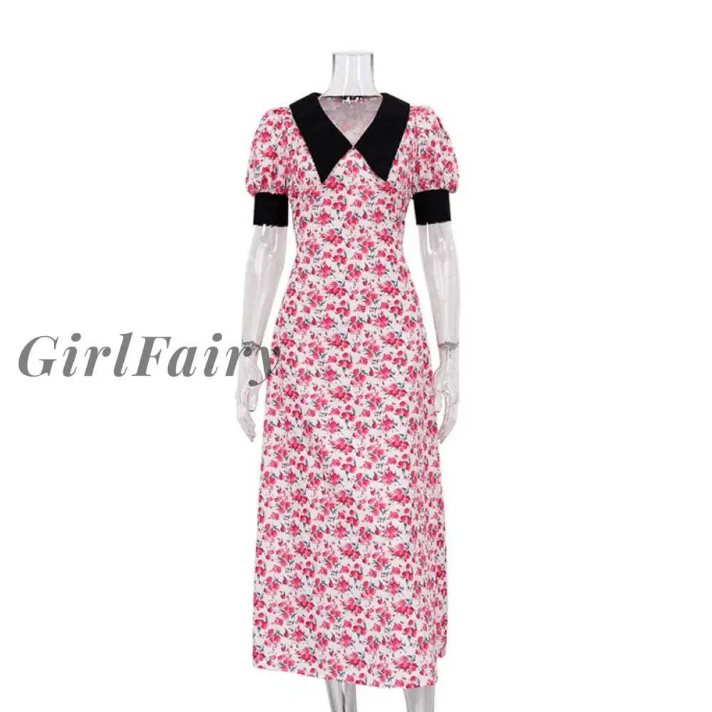 Girlfairy Womens Summer New Contrast Color Stitching Short Sleeve Doll Collar Printed Dress Long