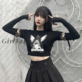 Girlfairy Womens Tops Patchwork Long Sleeve Cropped Shirt Fashion Casual Girl Gothic Aesthetic Print