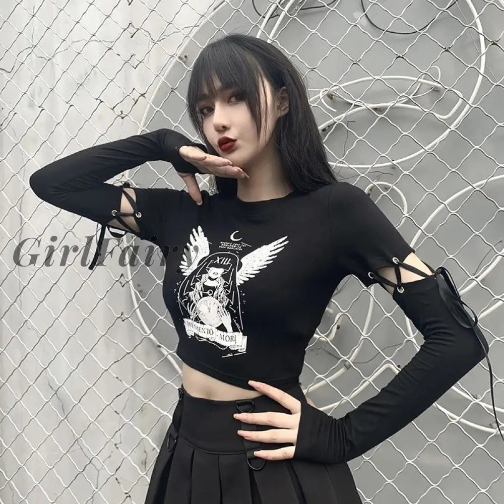 Girlfairy Womens Tops Patchwork Long Sleeve Cropped Shirt Fashion Casual Girl Gothic Aesthetic Print