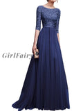 Girlfairy Womens Wedding Lined Long Chiffon Lace Dress Evening Party Dresses Blue / S