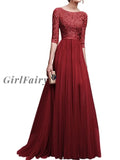 Girlfairy Womens Wedding Lined Long Chiffon Lace Dress Evening Party Dresses Burgungy / S