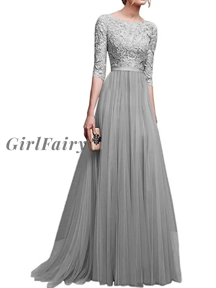 Girlfairy Womens Wedding Lined Long Chiffon Lace Dress Evening Party Dresses Gray / S