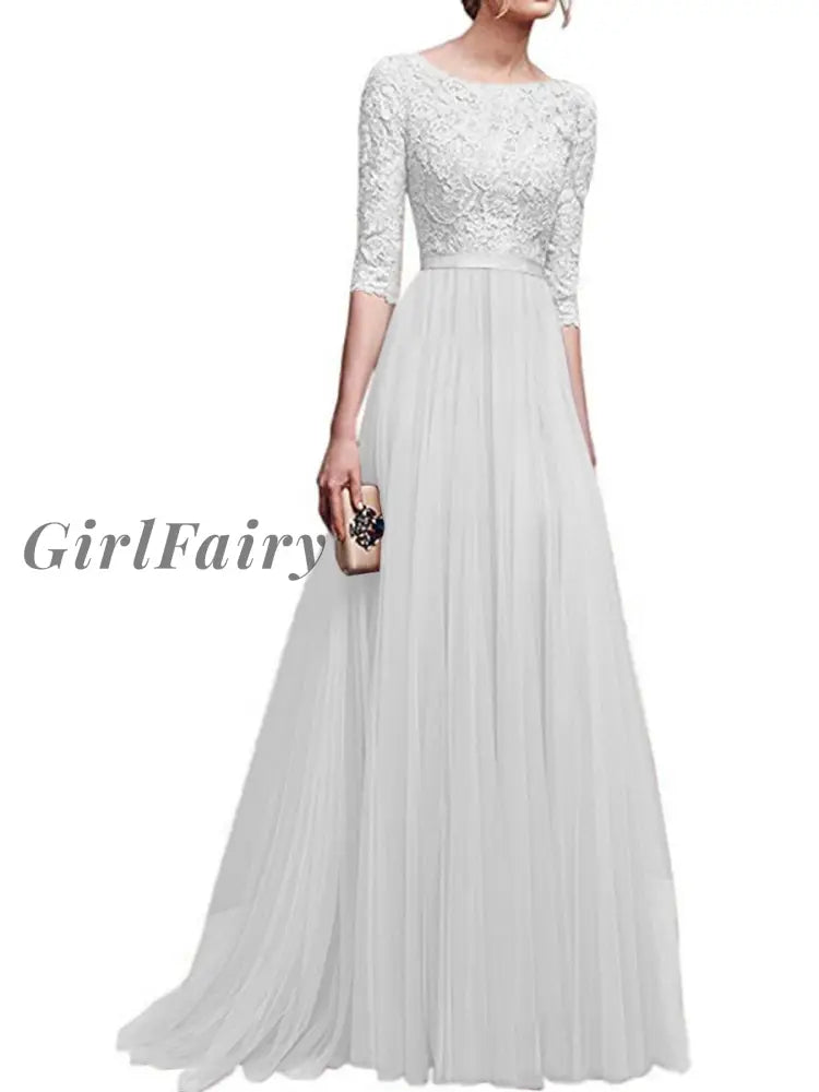Girlfairy Womens Wedding Lined Long Chiffon Lace Dress Evening Party Dresses White / S