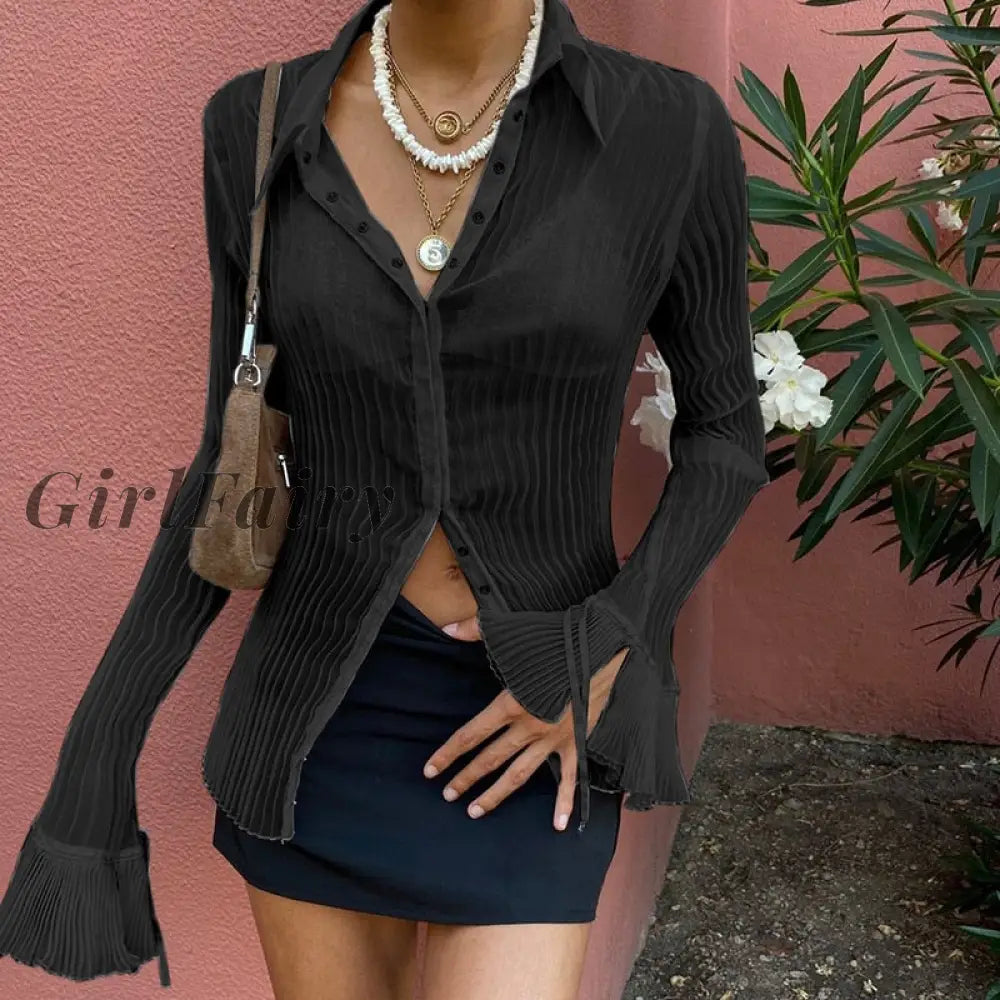 Girlfairy Womens Y2K Button Down Shirt Solid Color Long Flare Sleeve See Through Ruched Blouses