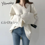 Girlfairy Yitimoky Sweater Women Black White Pullovers Korean Style 2023 New Autumn Winter Loose Casual V-Neck Knitted Top Solid Clothing