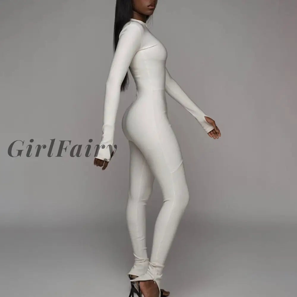 Girlfairy Zipper One Peice Jumpsuit Women Fitness Sports Sexy Outfits Black White Long Sleeve