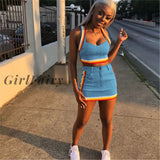 Sexy Women Two Pieces Suit Tracksuit Denim Rainbow Striped Tank Bustiers Corsets Crop Tops High