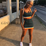 Sexy Women Two Pieces Suit Tracksuit Denim Rainbow Striped Tank Bustiers Corsets Crop Tops High