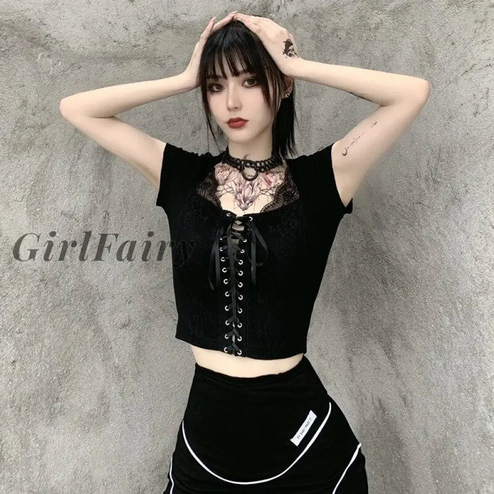 Sexy Womens Crop Top Front Bandage Cropped Vest Patchwork Lace Camisole Short Sleeve Summer Slim