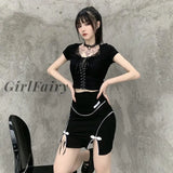 Sexy Womens Crop Top Front Bandage Cropped Vest Patchwork Lace Camisole Short Sleeve Summer Slim