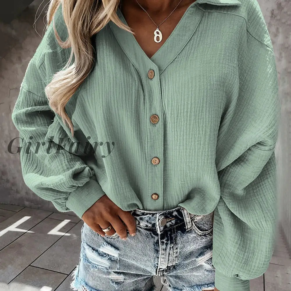 Shirt Blouse Women Lantern Sleeve Single-Breasted Shirts Tops Turn-Down Collar Solid Vintage