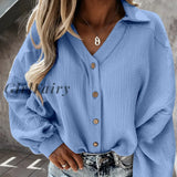 Shirt Blouse Women Lantern Sleeve Single-Breasted Shirts Tops Turn-Down Collar Solid Vintage
