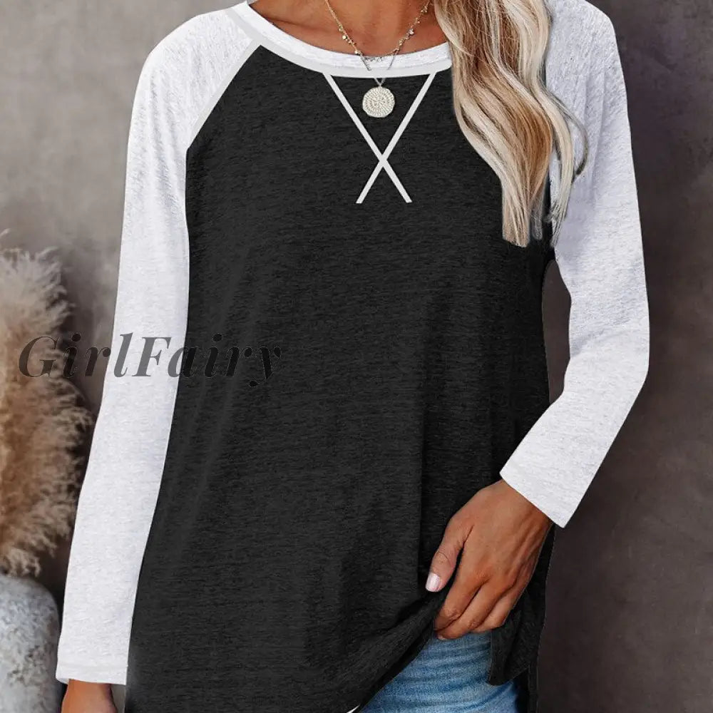 Shirt Ladies Patchwork Blouse Shirts Long Sleeve O-Neck Women Tops Loose Casual Basic Retro And